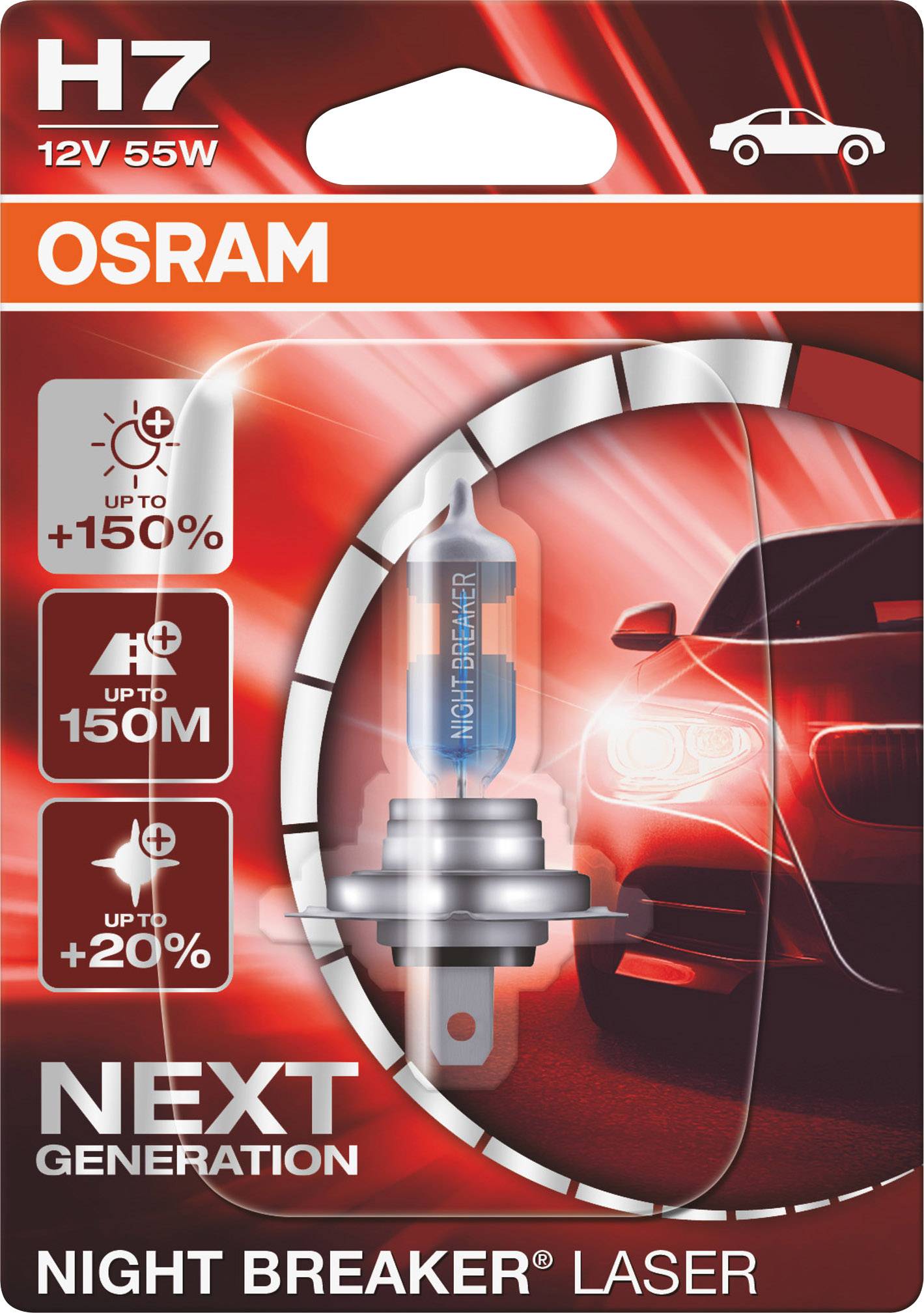 'OSRAM Night Breaker' Autolampe H7, 12V 55W, verspricht bis zu 150% mehr Helligkeit und 150m Leuchtweite, rote Verpackung mit Autoabbildung.