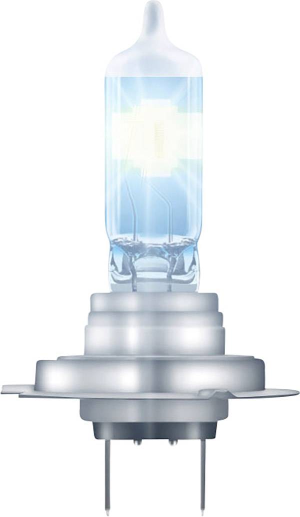 Eine Nahaufnahme einer Halogenlampe mit blauem Glas und metallischen Kontakten unten, isoliert auf weißem Hintergrund.