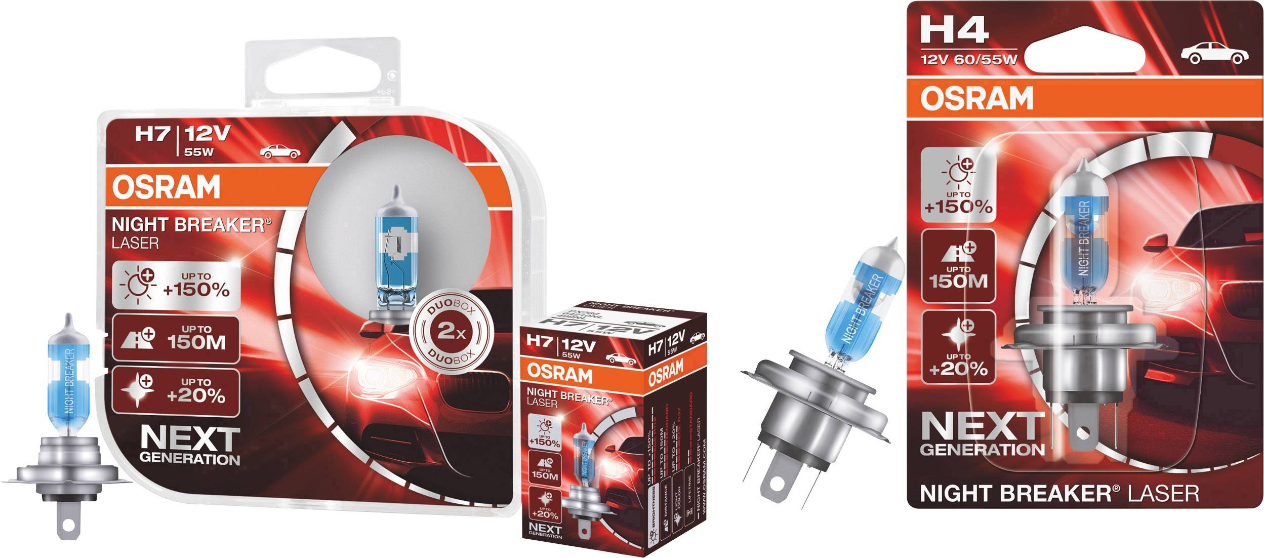 'OSRAM Night Breaker Laser' Autolampen-Verpackungen mit H7 und H4 Modellen. Verbesserte Lichtleistung von +150% und 20% weißeres Licht dargestellt.