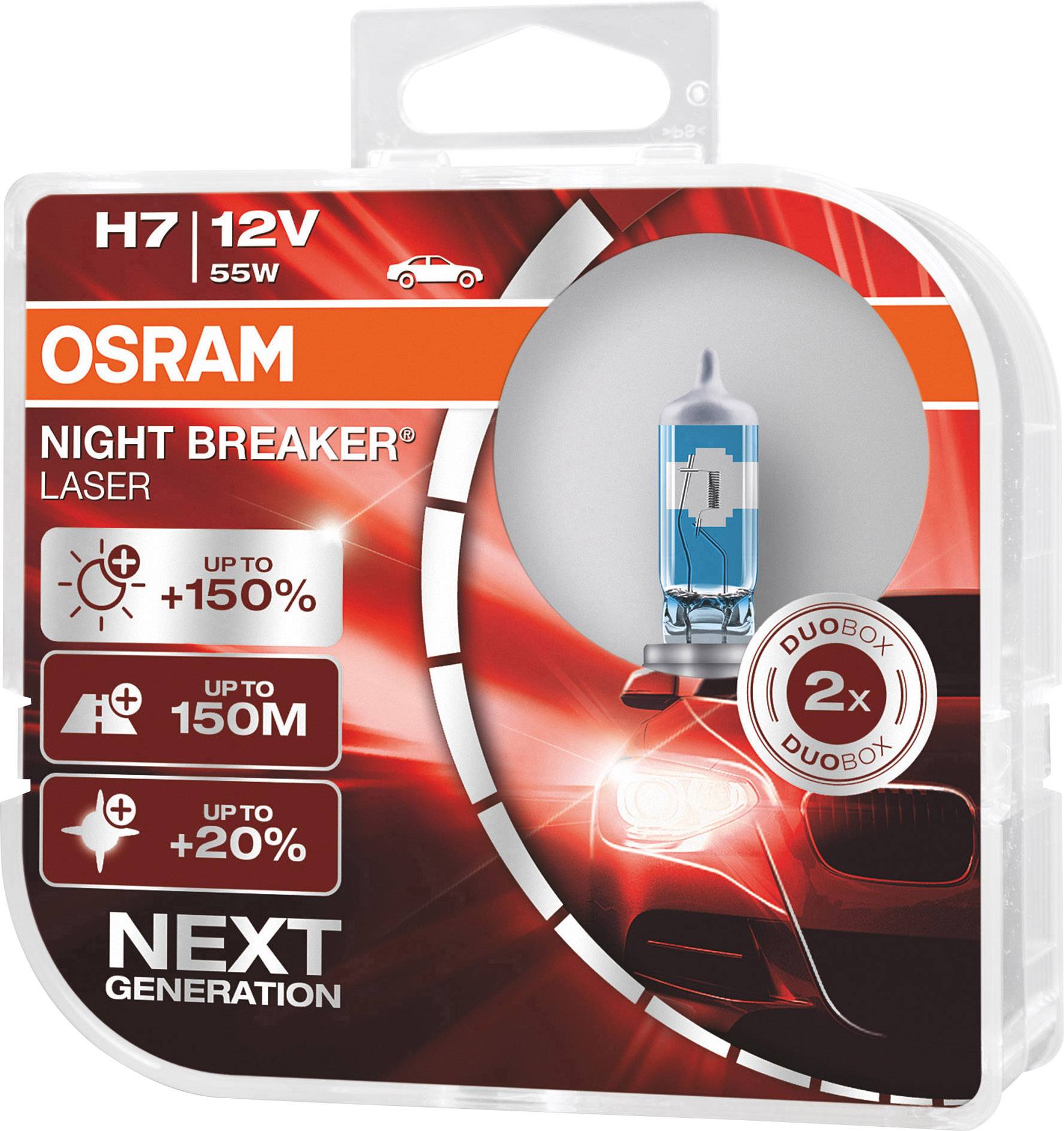Verpackung einer 'OSRAM Night Breaker Laser H7 12V 55W' Autolampe. Hebt bis zu 150% mehr Helligkeit und bis zu 150m Lichtstrahl hervor.