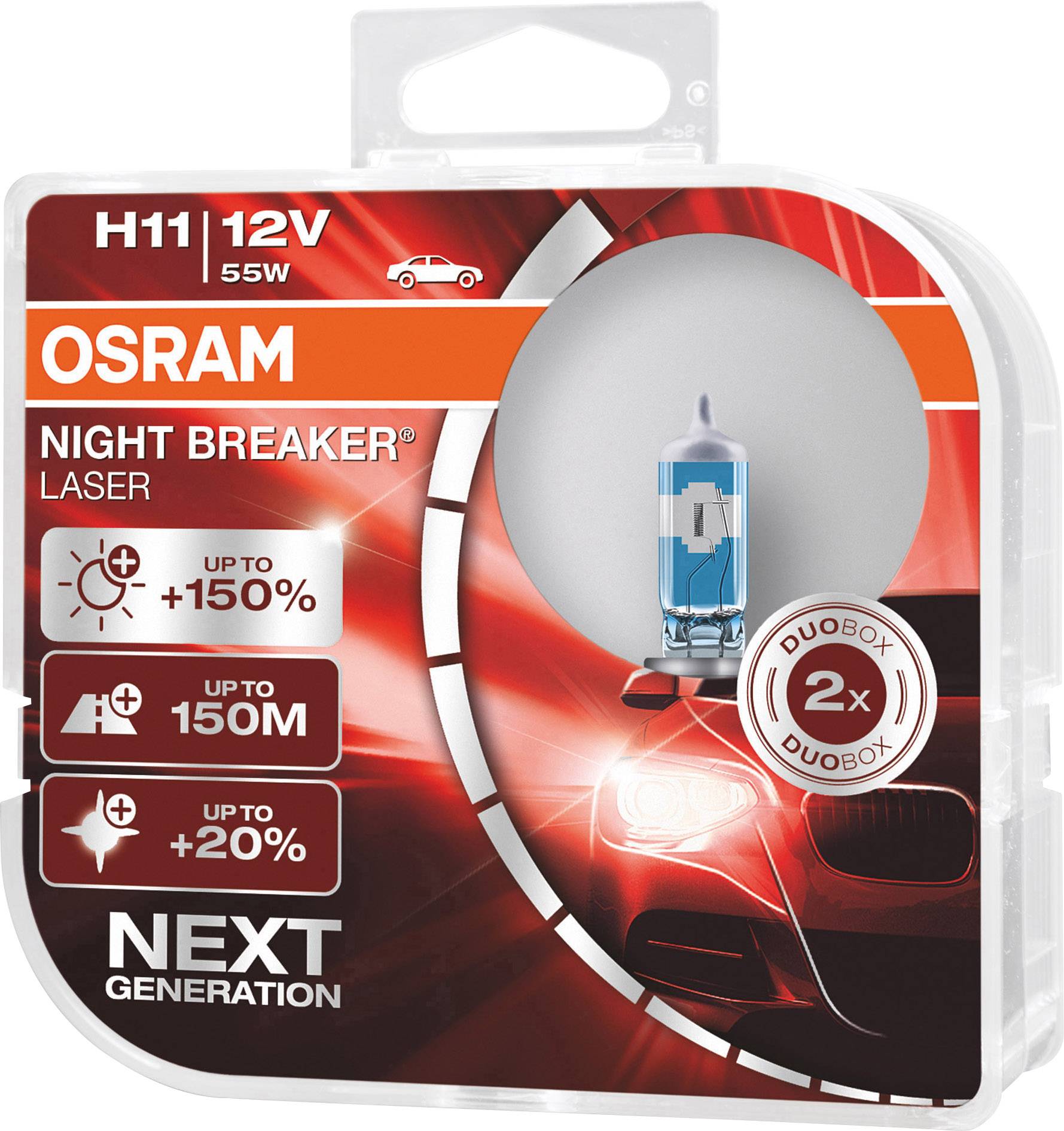 'OSRAM Night Breaker Laser H11 12V' Autolampe, bietet bis zu 150% mehr Helligkeit, Reichweite bis zu 150 m, 20% weißeres Licht.