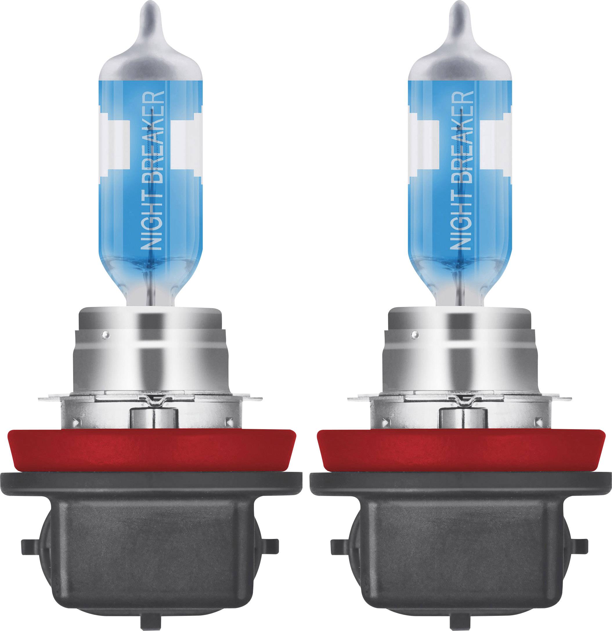 Zwei Glühlampen mit blauem Glas und silberner Fassung, vorne und nebeneinander angeordnet, markiert mit 'Night Breaker'.