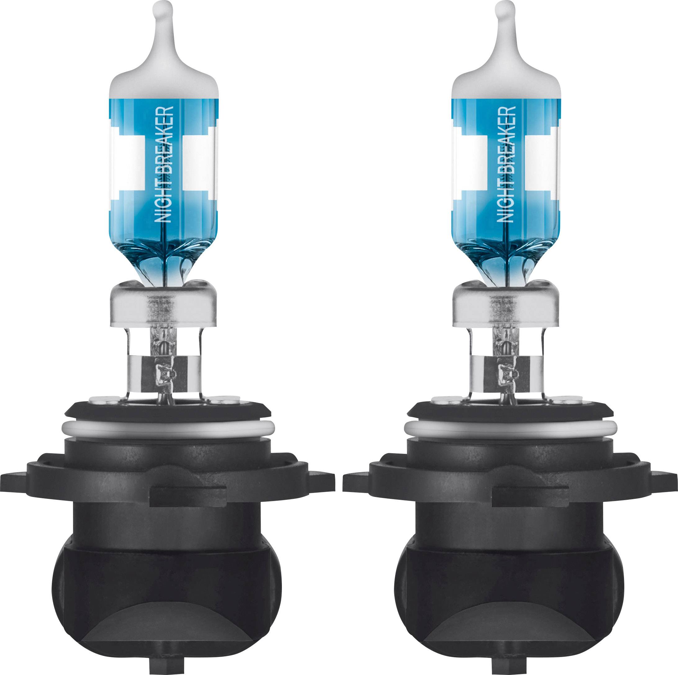 Zwei blaue Halogenlampen nebeneinander, als 'NIGHT BREAKER' bezeichnet. Sie haben einen schwarzen Sockel und sind für Autoscheinwerfer geeignet.