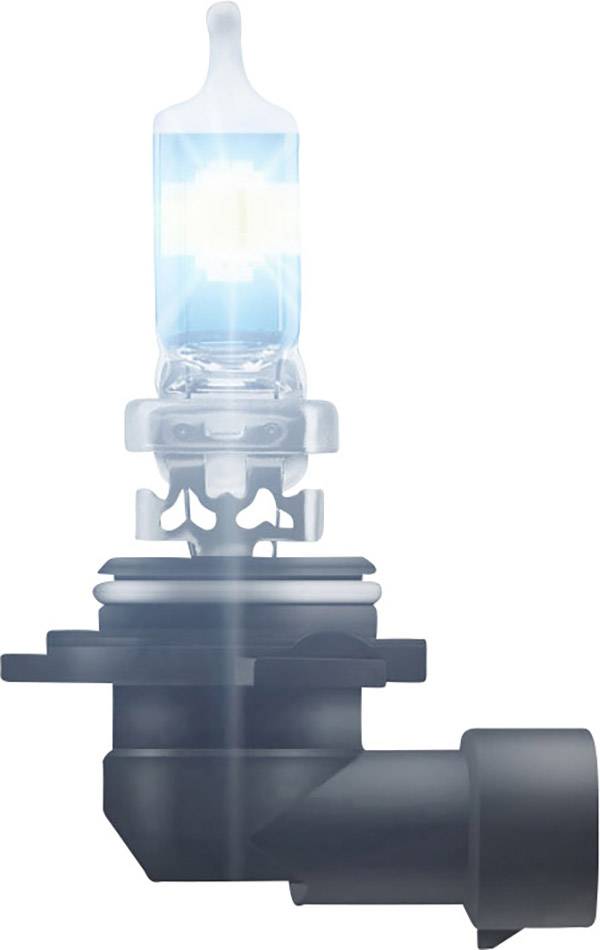 Eine Halogenlampe mit einem blauen Glühen, montiert auf einer schwarzen Fassung, dargestellt vor einem weißen Hintergrund.