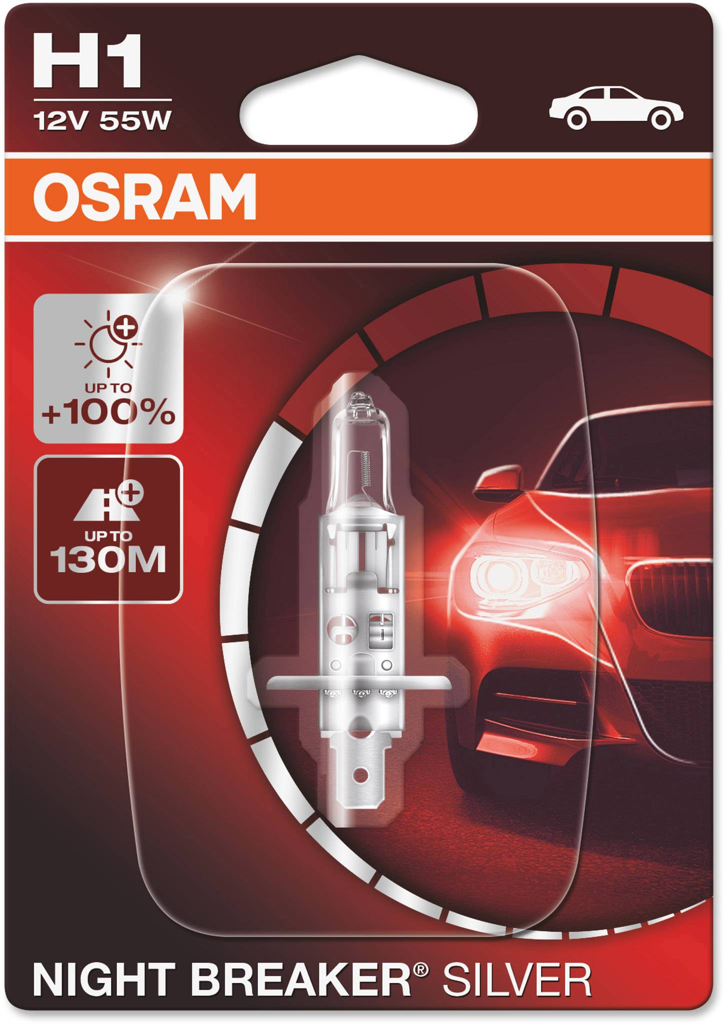 'Osram Night Breaker Silver H1 12V 55W Autolampe Verpackung, verspricht bis zu 100% mehr Helligkeit und 130m Reichweite. Bild eines roten Autoscheinwerfers.'