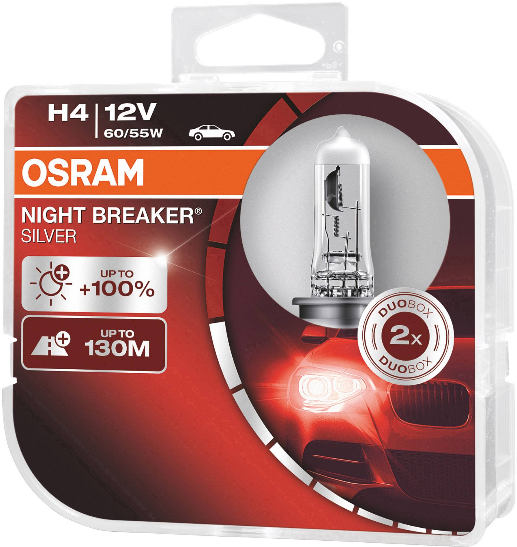 Osram H4 12V 60/55W Glühlampe in Verpackung. Nachtbrecher Silber mit bis zu 100% mehr Helligkeit und bis zu 130m Reichweite. Abbildung eines Autoscheinwerfers.
