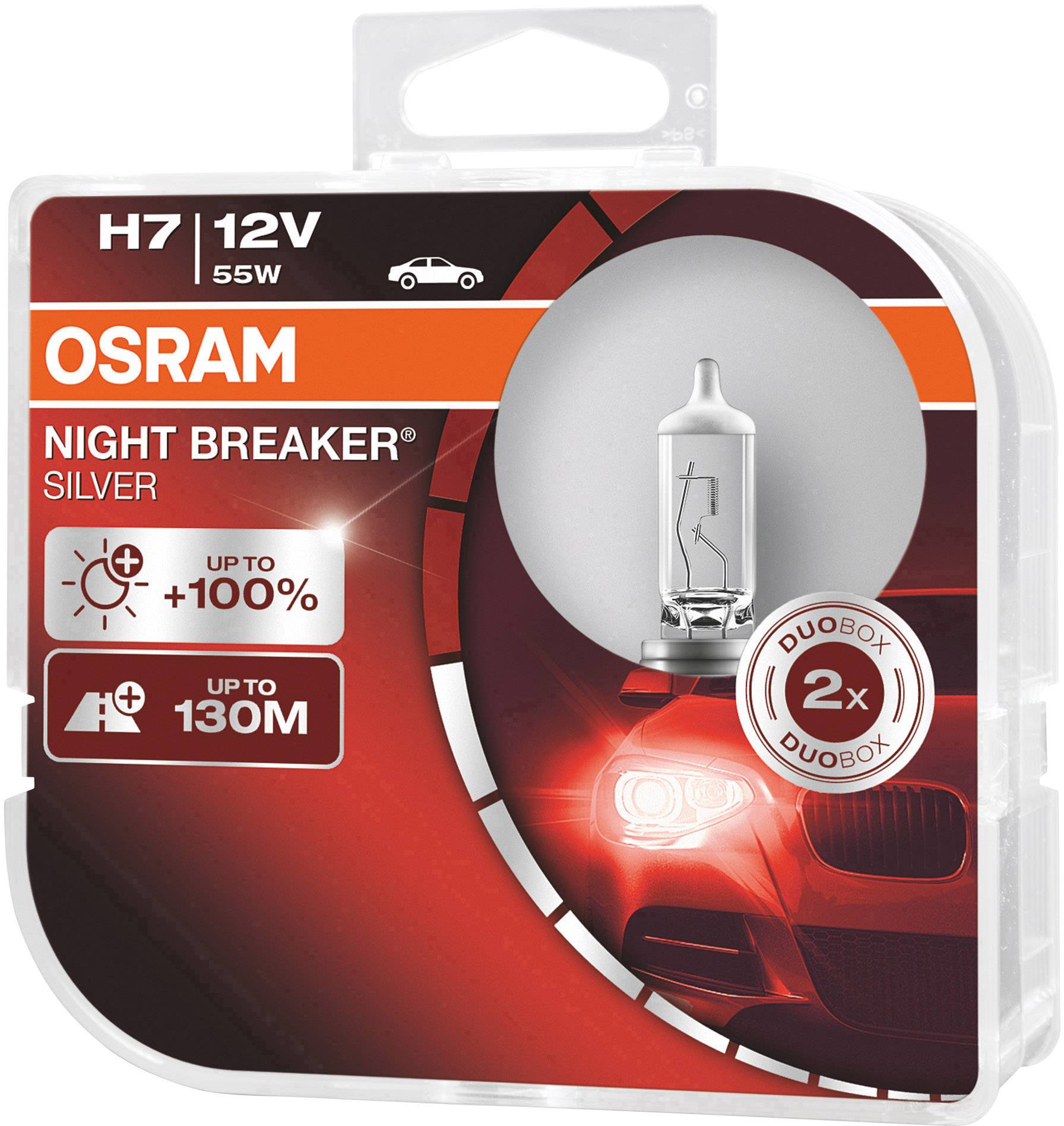 Osram H7 12V 55W Auto-Glühlampenverpackung mit dem Text 'Night Breaker Silver', verspricht bis zu 100 % mehr Helligkeit und 130m Reichweite.