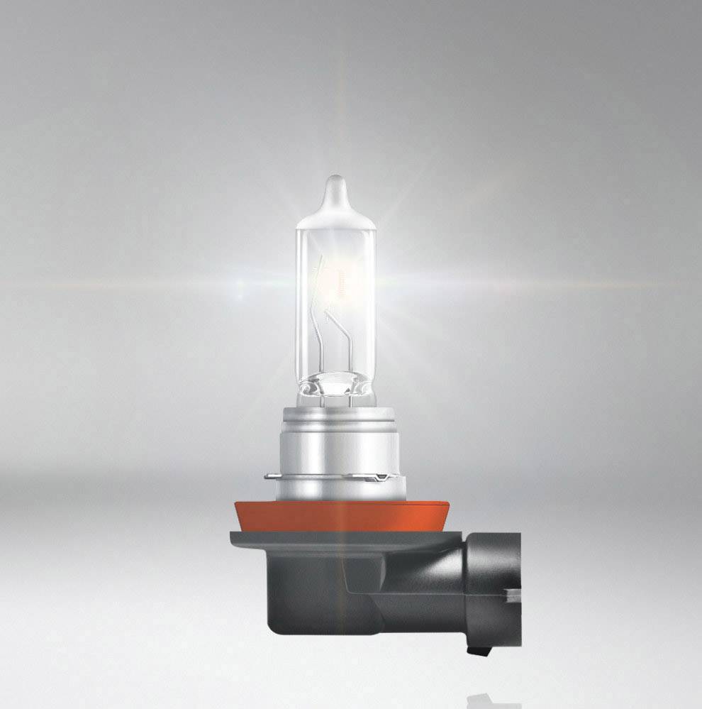 Eine Halogen-Autolampe mit rotem Ring und grauem Sockel vor neutralem Hintergrund. Sie ist eingeschaltet und strahlt Licht aus.