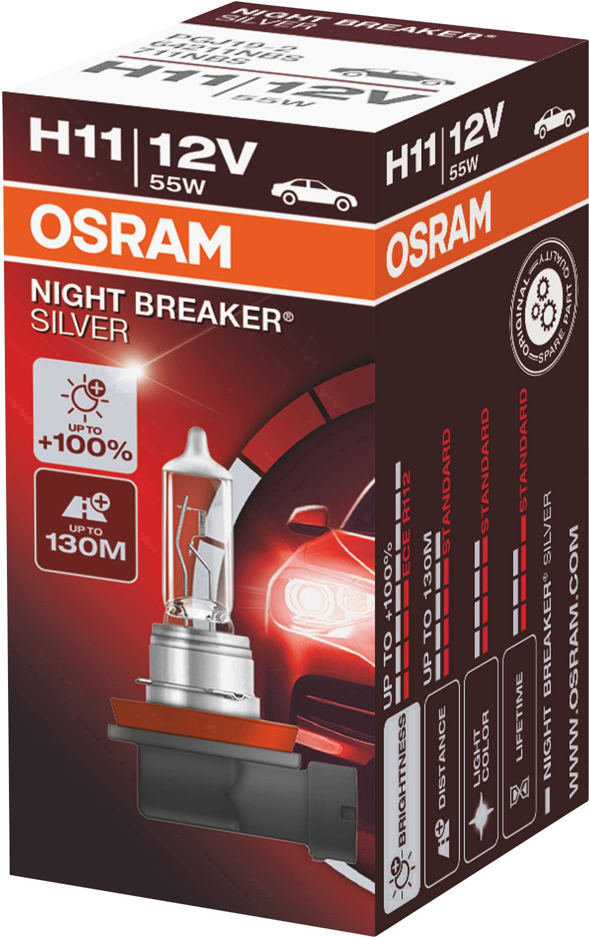 'OSRAM H11 12V 55W Night Breaker Silver' Autobirnenpackung zeigt Glühbirnenbild, Auto-Icon, Highlights: +100% Helligkeit, bis zu 130 m Reichweite.