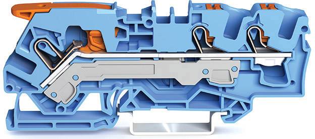 Querschnitt eines blauen elektrischen Steckverbinders mit metallischen Kontakten und orangenen Isolierungselementen. Zeigt den inneren Aufbau.
