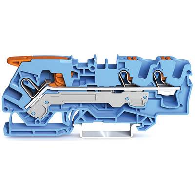 Querschnitt eines blauen elektrischen Steckverbinders mit metallischen Kontakten und orangenen Isolierungselementen. Zeigt den inneren Aufbau.