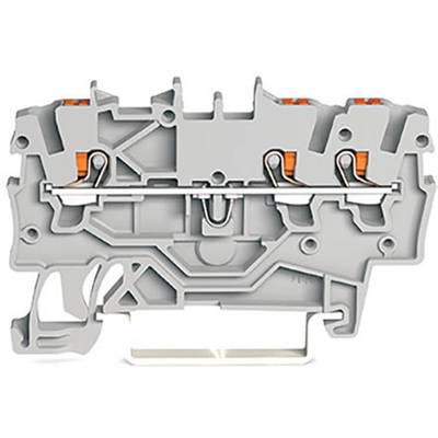 Ein grauer elektrischer Steckverbinder mit mehreren Anschlussklemmen und sichtbaren inneren Metallverbindungen.
