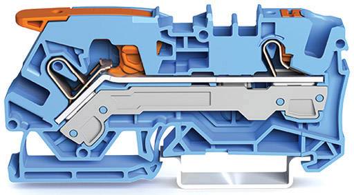 Querschnitt eines blauen mechanischen Bauteils mit orangefarbenen Details, das interne Komponenten wie Hebel und Federn zeigt.