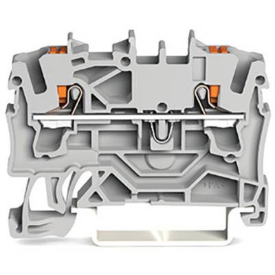 Ein Querschnitt eines grauen Verbindungsklemmenblocks mit orangefarbenen Elementen, zeigt interne Mechanik und Konstruktionsdetails.