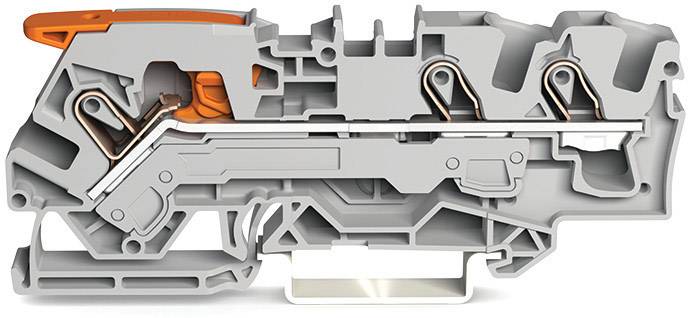 Ein Querschnitt eines elektrischen Steckverbinders mit Metallkontakten und Kunststoffgehäuse, zeigt die interne Struktur und Komponenten.
