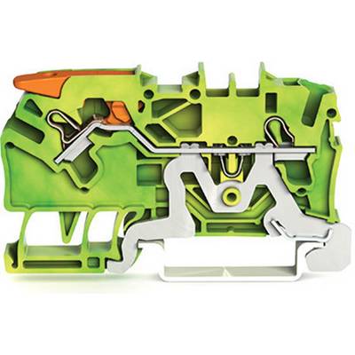 Querschnitt einer grünen Klemme mit komplexen internen Strukturen in Silber und Orange, die die Elektronik und Mechanik zeigt.
