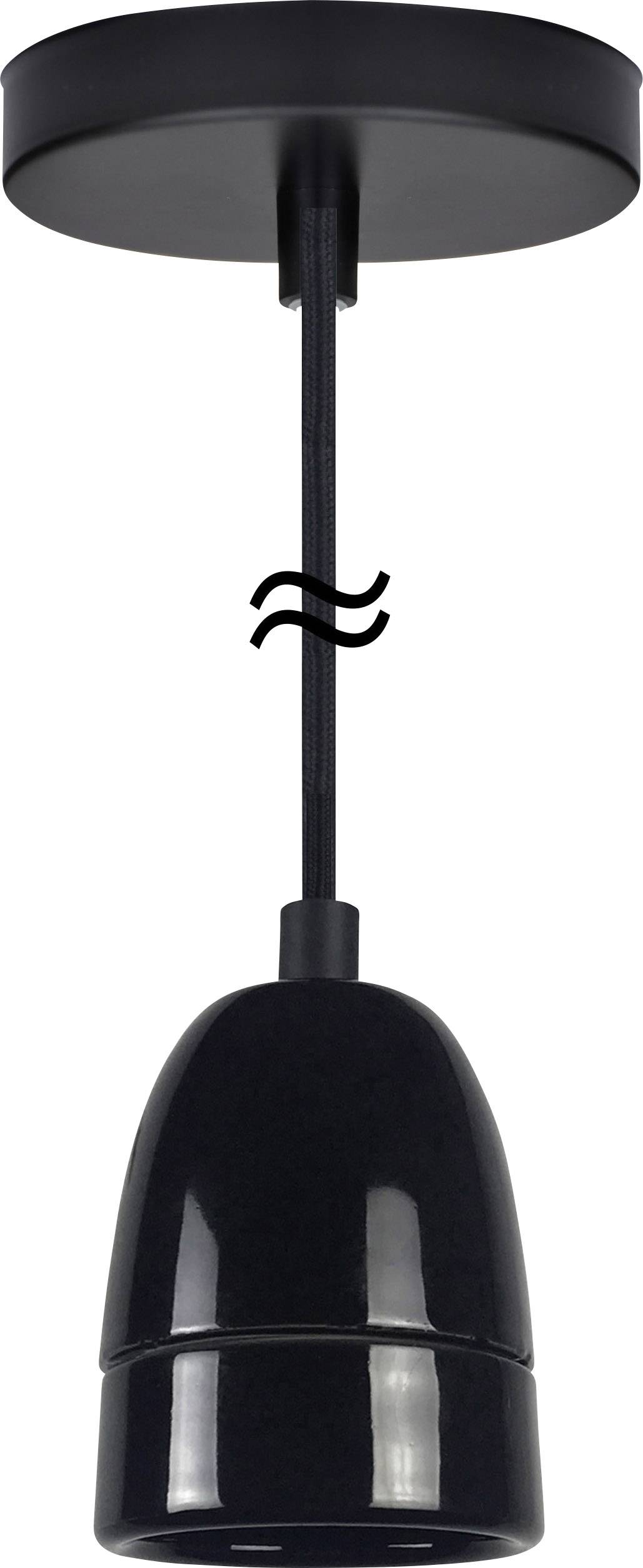 Schwarze Deckenleuchte mit einem modernen, zylinderförmigen Lampenschirm aus glänzendem Material und einem schwarzen Kabel.