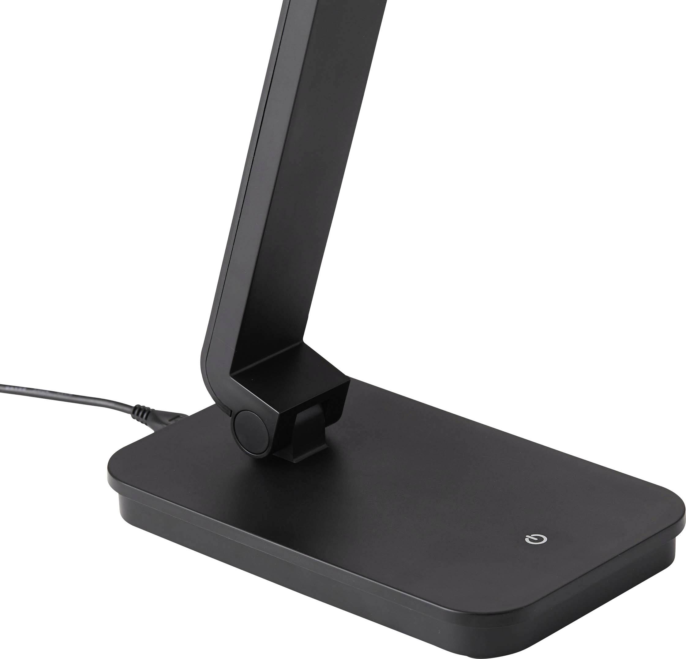 Schwarze, moderne LED-Schreibtischlampe mit rechteckigem Fuß und verstellbarem Arm. Stromkabel ist angeschlossen.