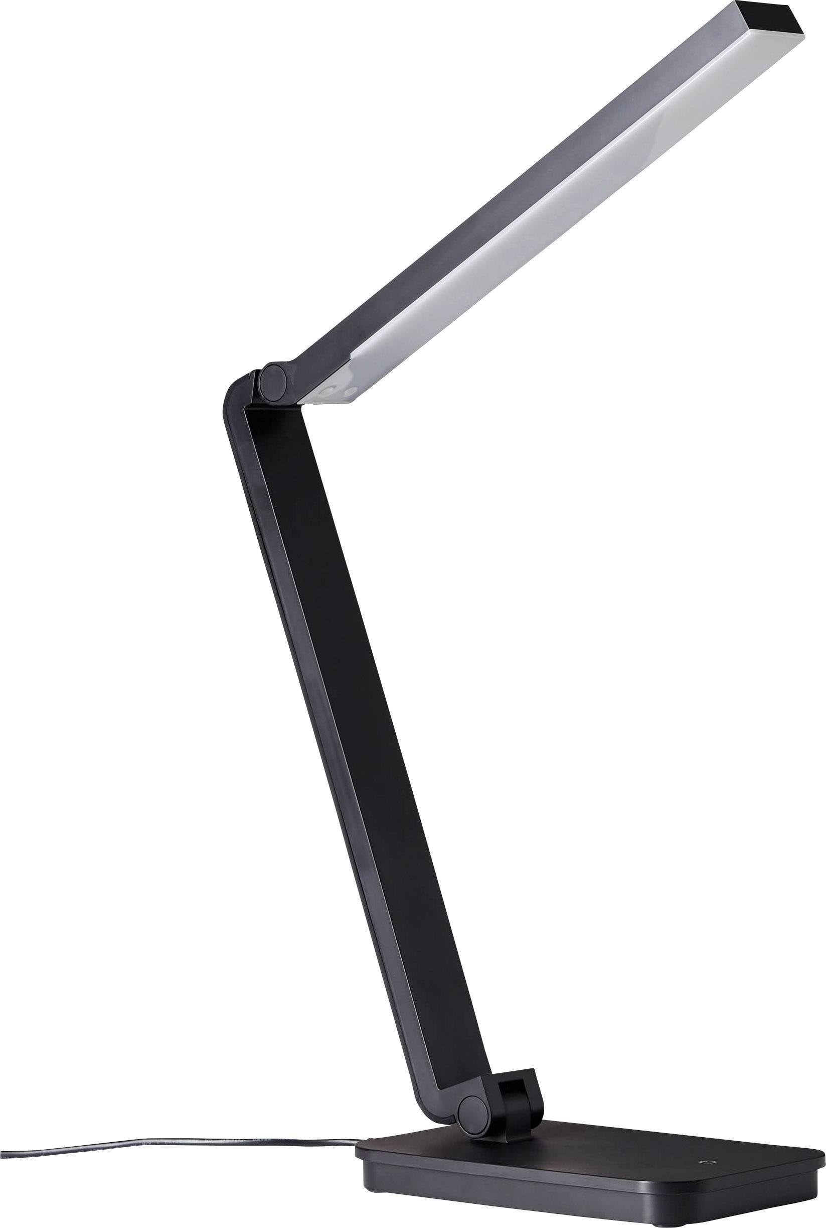 Schreibtischlampe mit verstellbarem Arm, schwarzem Gehäuse und flachem Leuchtkopf auf quadratischem Sockel.