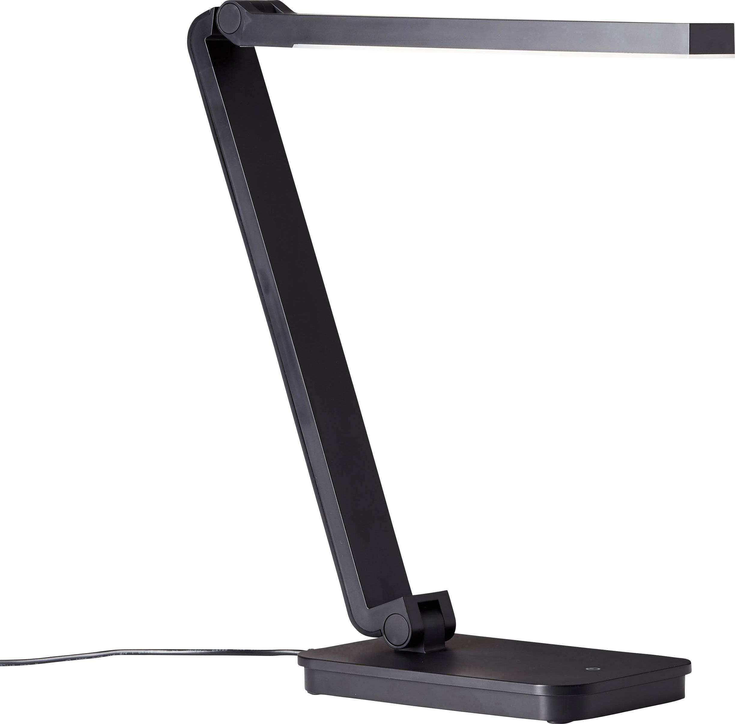 Eine moderne, schwarze Schreibtischlampe mit rechteckigem Standfuß und verstellbarem Arm. Sie ist schlicht und minimalistisch gestaltet.