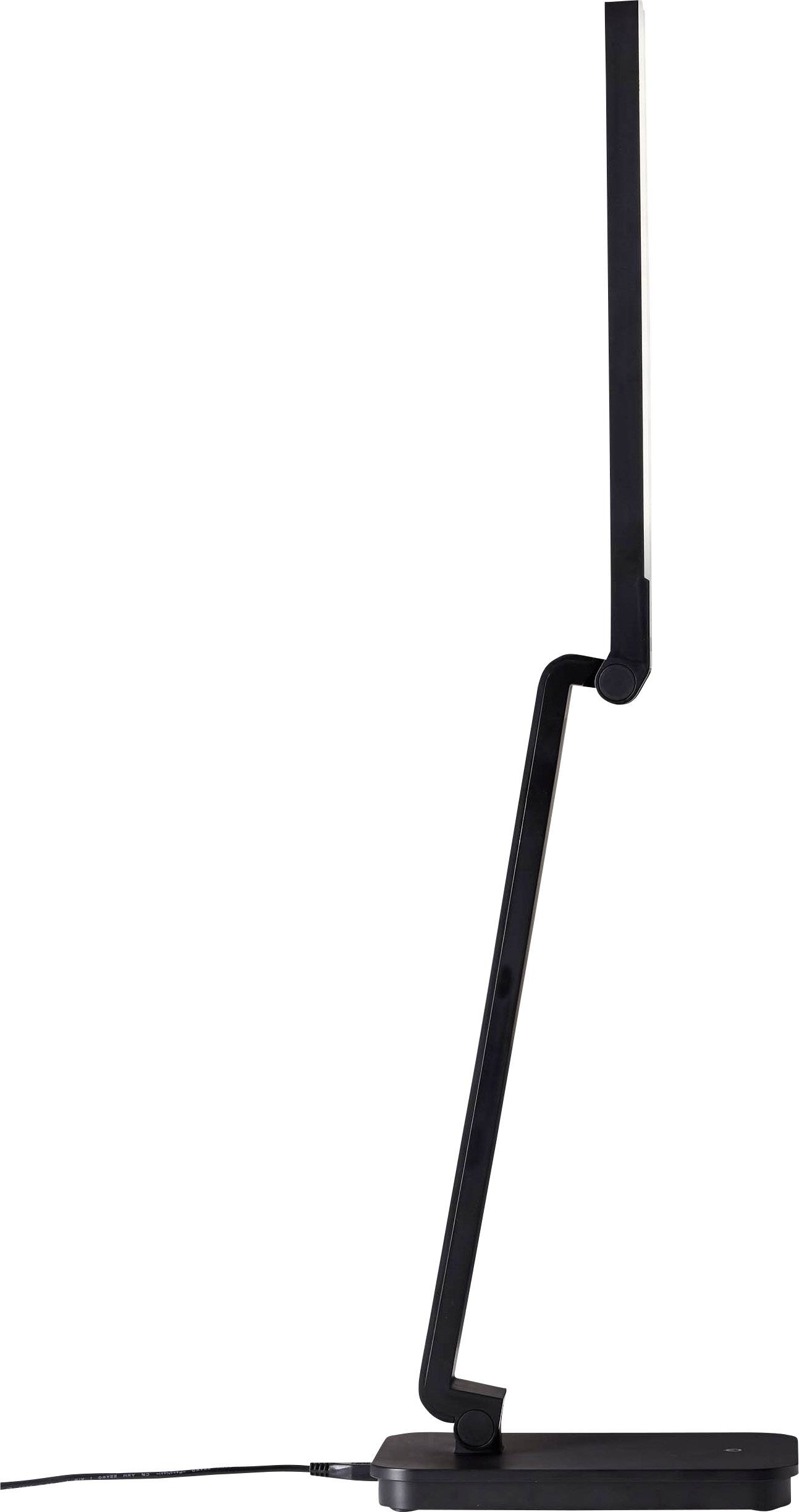 Schlanker, moderner Monitor im Profilansicht auf einem Standfuß. Der Bildschirm ist eingeschaltet, ein Stromkabel ist angeschlossen.