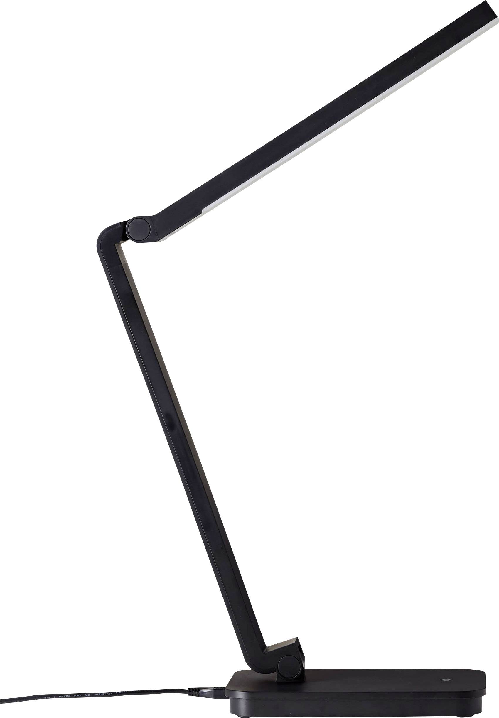 Schwarze, moderne Schreibtischlampe mit rechteckigem Lampenkopf und verstellbarem Arm, auf rechteckigem Fuß, angeschlossen an Stromkabel.