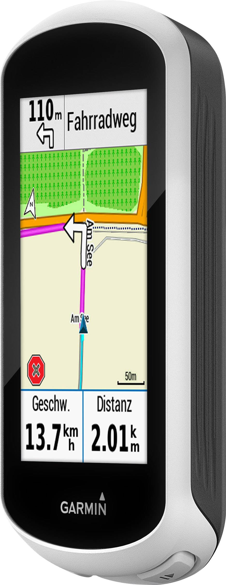 Fahrrad-Navigationsgerät zeigt Karte mit Route. Geschwindigkeit: 13,7 km/h, Distanz: 2,01 km. Wegweiser: '110 m Fahrradweg'.
