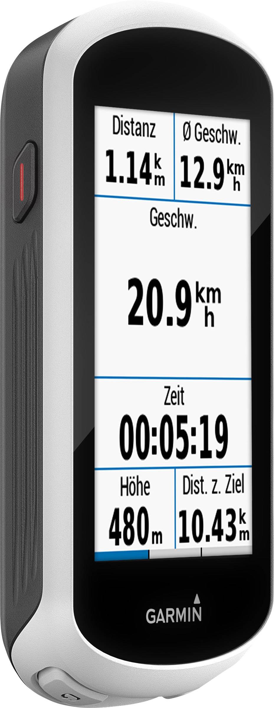 Fahrradcomputer mit Displayanzeige: Distanz 1,14 km, Ø Geschwindigkeit 12,9 km/h, aktuelle Geschwindigkeit 20,9 km/h, Zeit 00:05:19, Höhe 480 m, Distanz zum Ziel 10,43 km.
