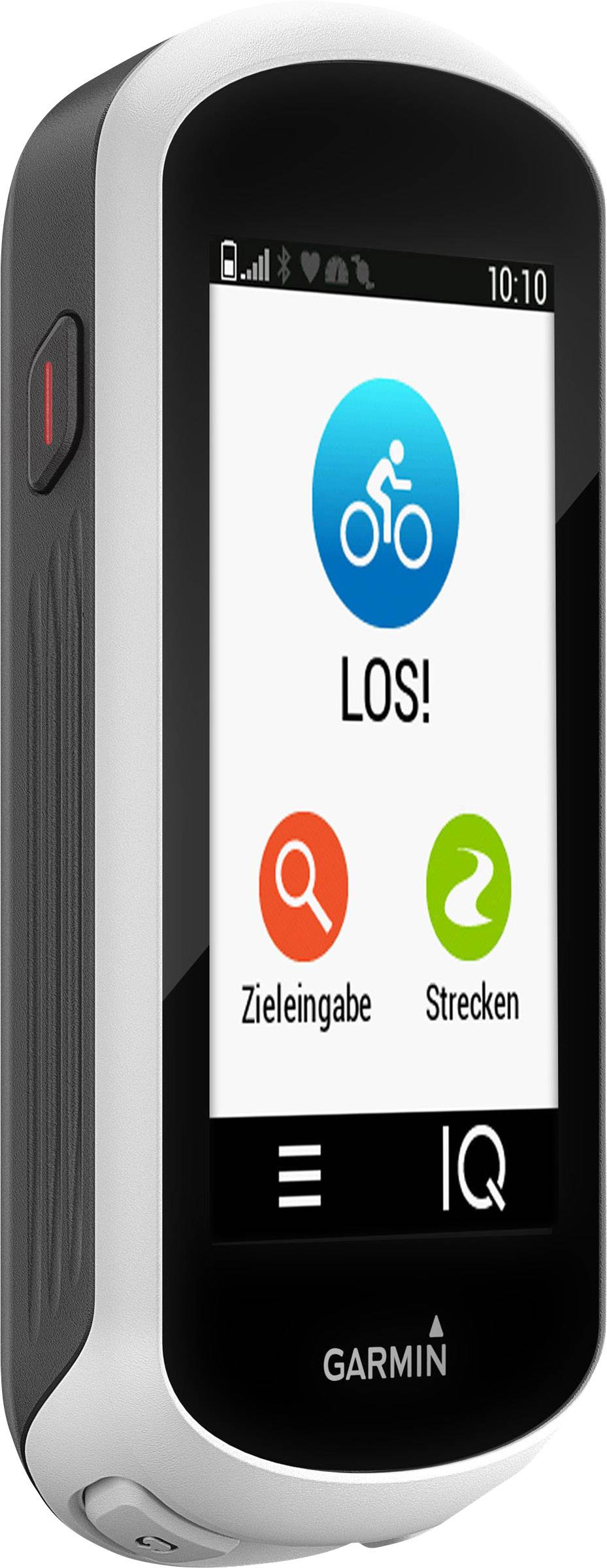 Ein Fahrrad-GPS-Gerät mit einem Display, das die Symbole für 'Los!', 'Zieleingabe' und 'Strecken' zeigt.
