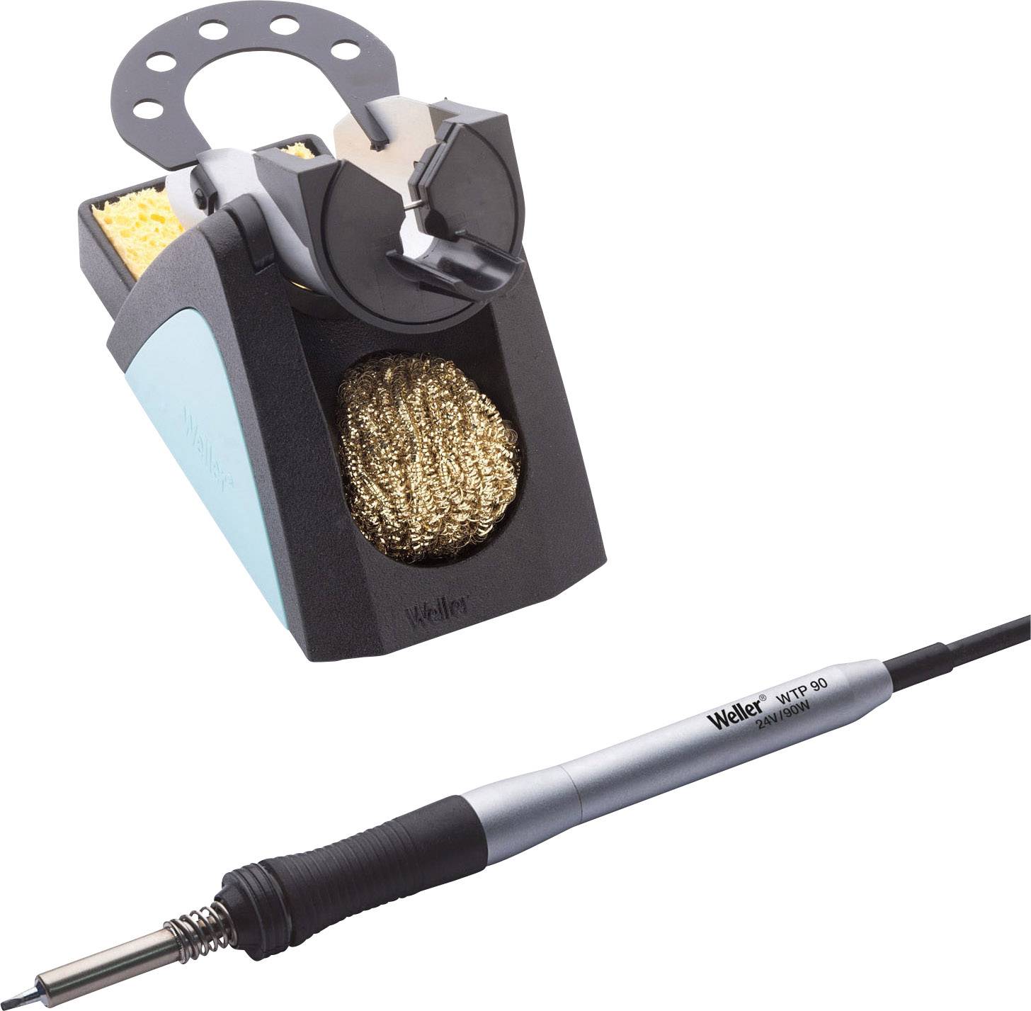 Lötkolben mit Kabel und Halterung. Die Halterung enthält einen Schwamm für die Reinigung der Spitze. Markenname 'Weller'.