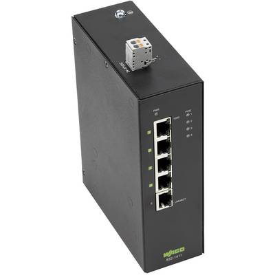 Ein schwarzer Netzwerk-Switch mit sechs Ethernet-Ports und LED-Anzeigen für Status und Aktivität. Oben befindet sich ein grauer Anschluss.
