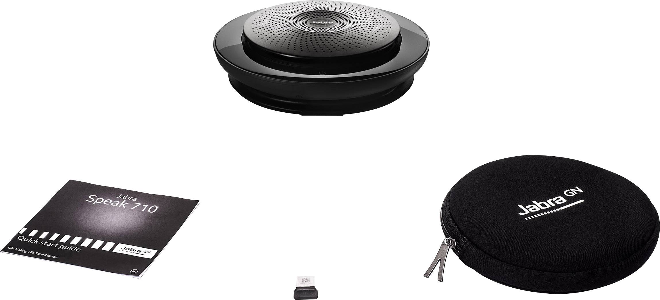 Freisprecheinrichtung Jabra Speak 710 in Schwarz. Enthält Bedienungsanleitung, USB-Adapter und schwarze Tragetasche mit Reißverschluss.