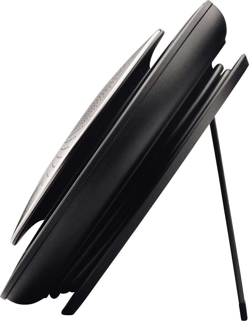 Ein schwarzes, ovales Objekt mit einem abgerundeten, schlanken Design steht leicht geneigt auf einem dünnen Ständer.