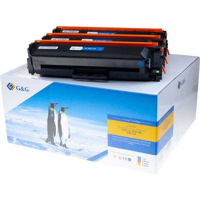 'Druckerpatrone von G&G auf weißer Box mit Pinguinmotiv. Enthält Toner in den Farben Cyan, Magenta, Gelb und Schwarz.'