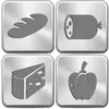 Vier graue Symbole auf quadratischen Silberflächen: ein Baguette, eine Wurst, ein Käse und eine Paprika. Symbole für Lebensmittel.