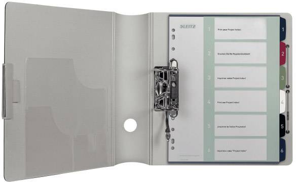 Geöffneter Aktenordner mit Registertabellen in verschiedenen Farben. Tabelleneinträge sind durchnummeriert von 1 bis 6.