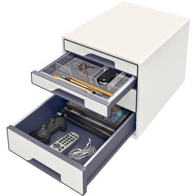 Weißer Schreibtisch-Organizer mit zwei Schubladen: Oben Bürobedarf, Schlüssel und Fernbedienung; unten Controller, Zeitschriften, Kabel.