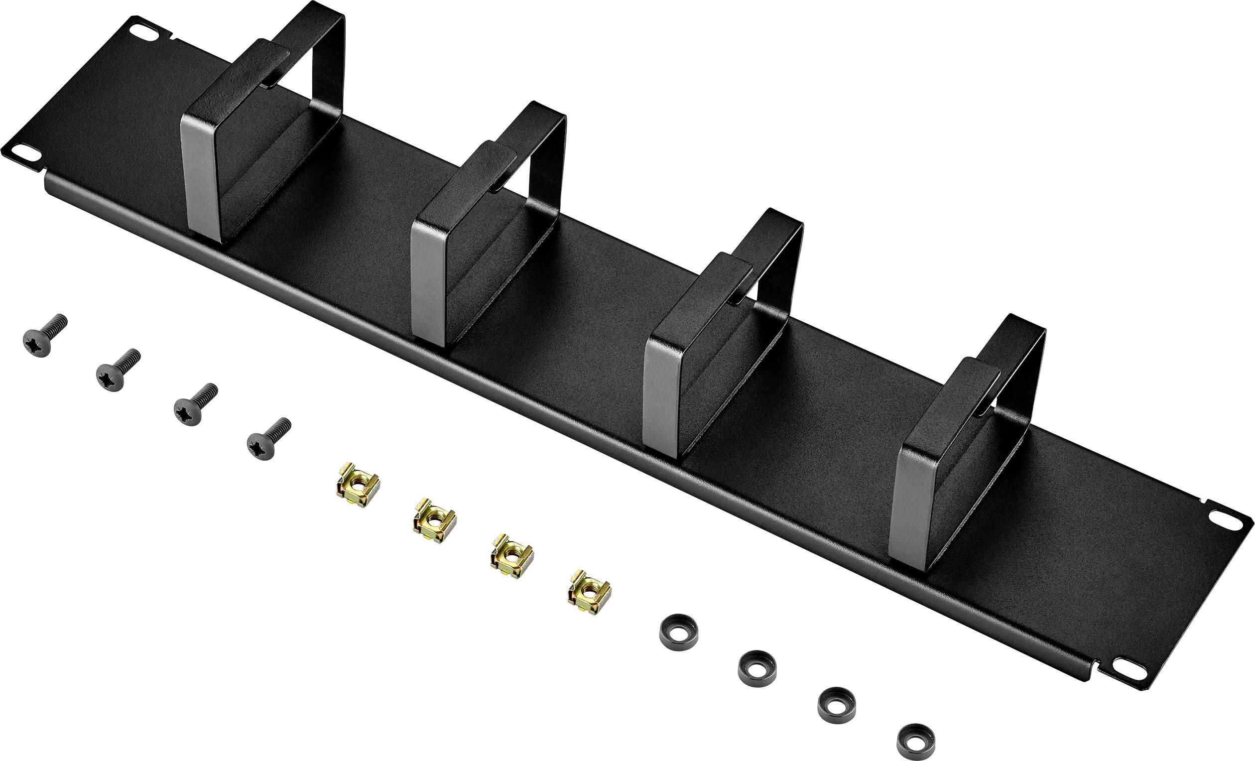 Metallhalterung mit vier Rechteckbügeln, sechs Schrauben und Muttern, sowie sechs Unterlegscheiben zur Kabelorganisation.