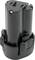 Ein schwarzer Akkupack für ein Elektrowerkzeug, zylindrische Form mit Kontakten und Verriegelungsmechanismus, isolierter Kunststoff.