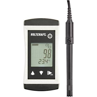 Tragbares digitales Messgerät mit Display zeigt '98' für Luftfeuchtigkeit und '23,4°C' für Temperatur. Ein Kabel mit Sensor ist angeschlossen.