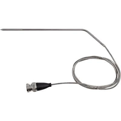 Ein Metallsensor mit abgewinkelter Spitze und langem Kabel, verwendet für Temperaturmessungen, liegt auf einem weißen Hintergrund.