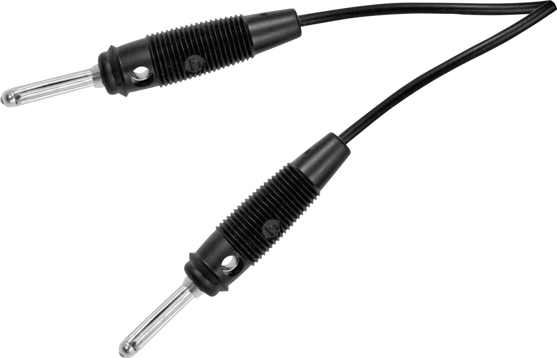 Zwei schwarze Bananenstecker verbunden mit einem schwarzen Kabel. Geeignet für elektrische Tests und Messungen.