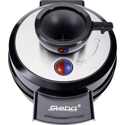 Elektrisches Waffeleisen in Schwarz und Silber, obere Ansicht. Zeigt rote und blaue Kontrollleuchten und ein Einfülltrichter.