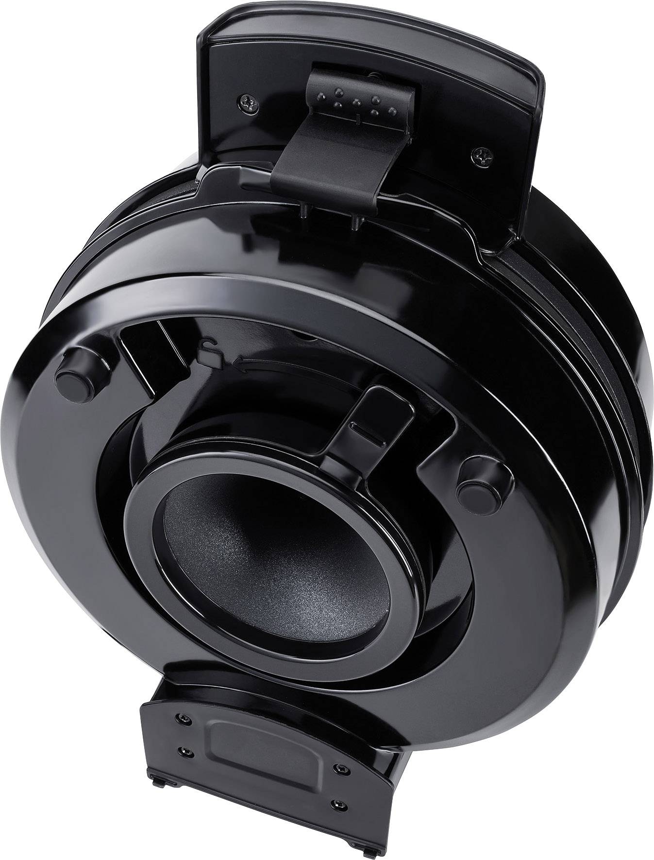 Eine schwarze, runde Schallplattenpresse mit einer Hebelvorrichtung oben, die zur Herstellung von Schallplatten verwendet wird.