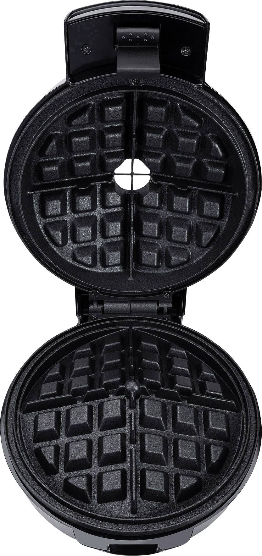 Ein geöffnetes Waffeleisen mit runden Wabenmustern auf beiden Heizplatten, bereit zum Backen von Waffeln.