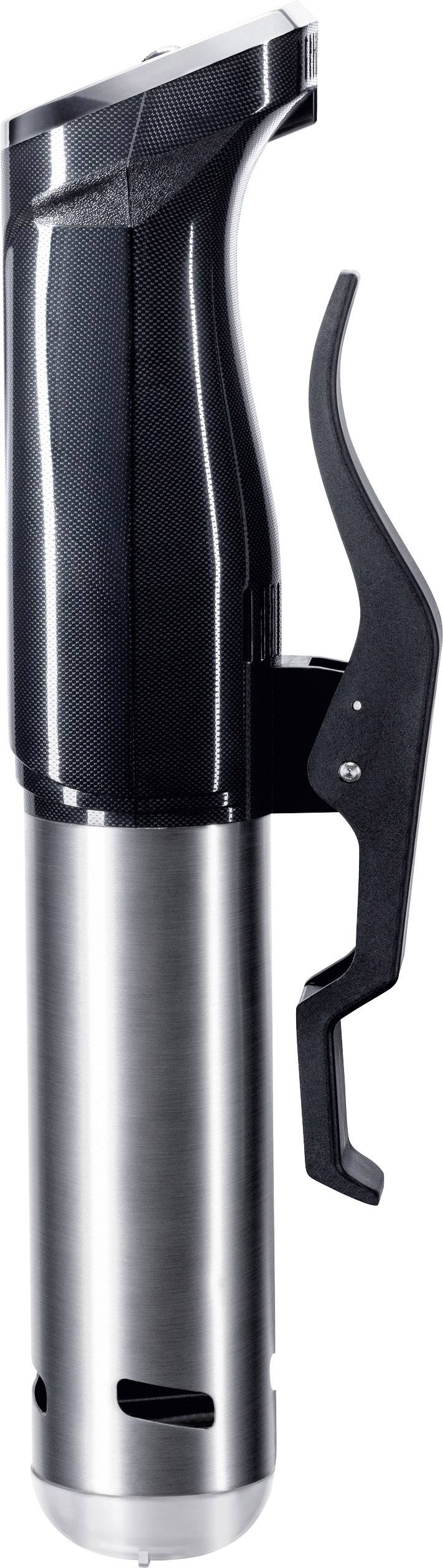 Sous-vide-Gerät in zylindrischer Form, mit schwarzem Kunststoff- und Edelstahlgehäuse, seitlicher Halteclip.