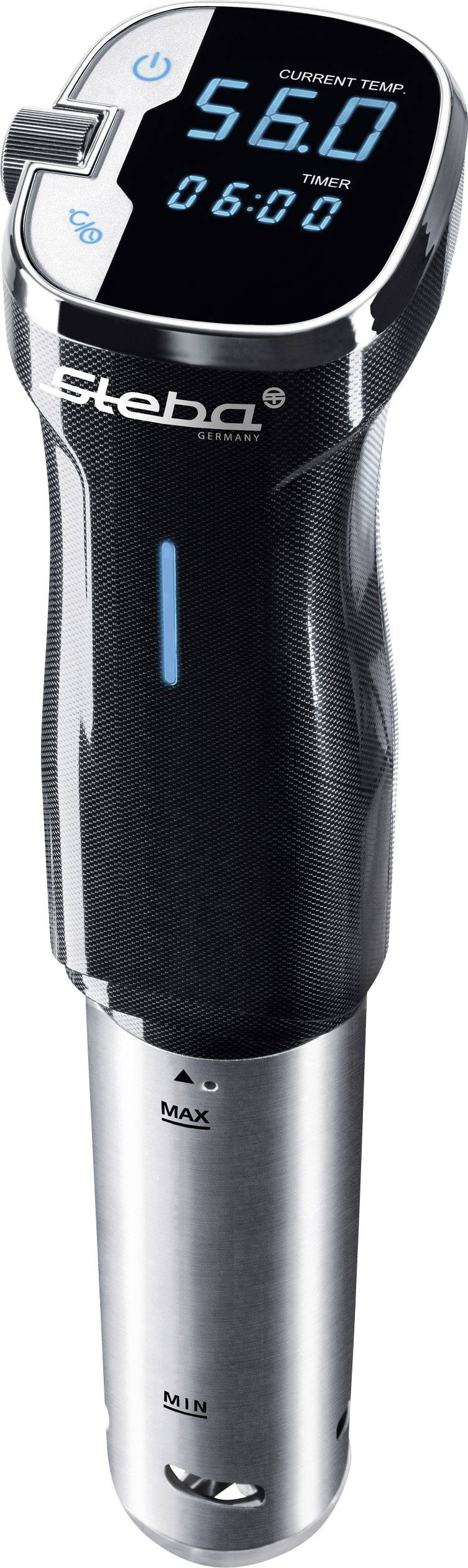 Ein schwarzer Sous-Vide-Garer mit digitalem Display zeigt '56°C' und '06:00' an. Markenname 'Steba' auf dem Gerät sichtbar.