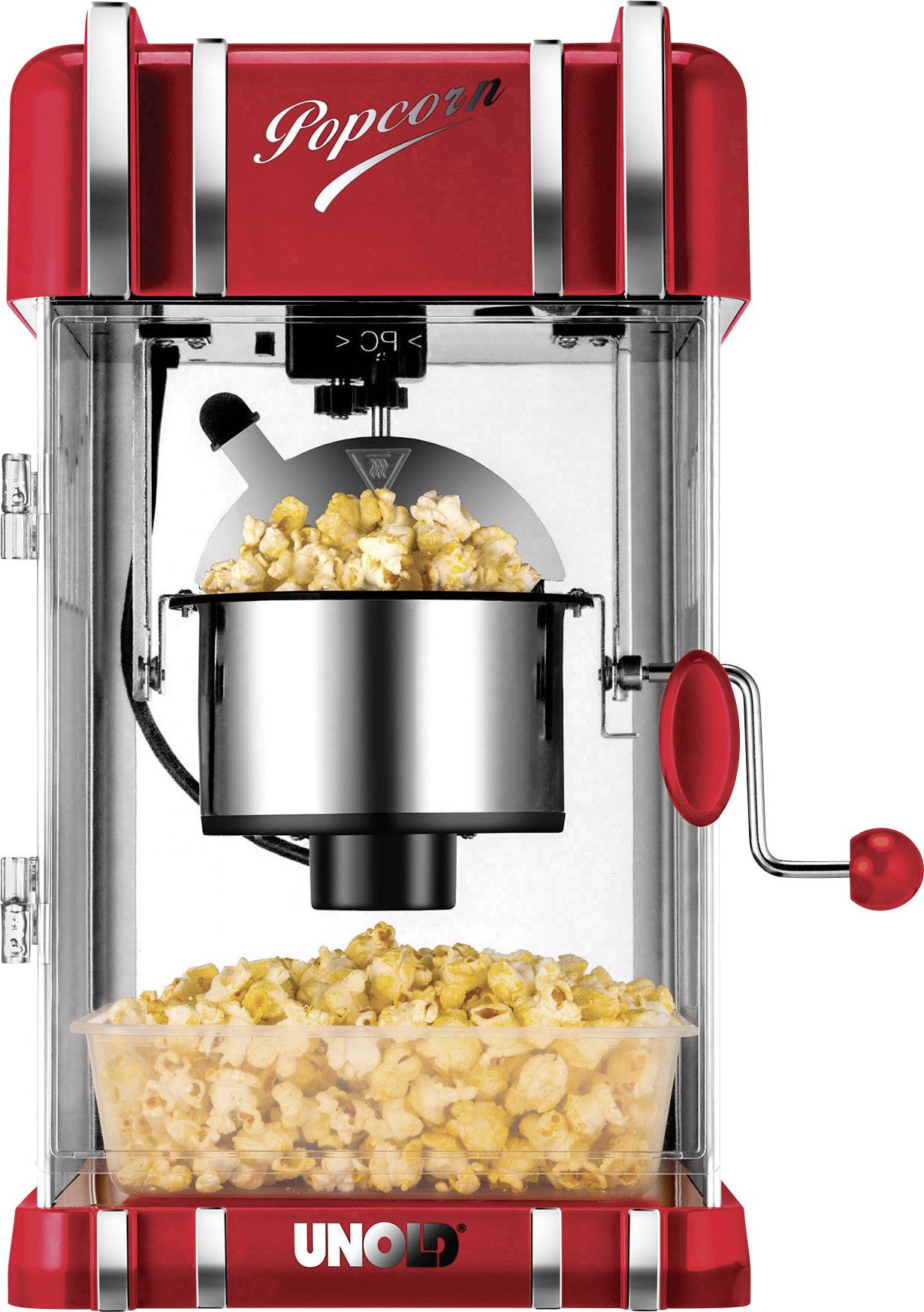 Rote Popcornmaschine mit Handkurbel, transparentem Gehäuse, gefülltem Kessel und einer Schale Popcorn darunter.