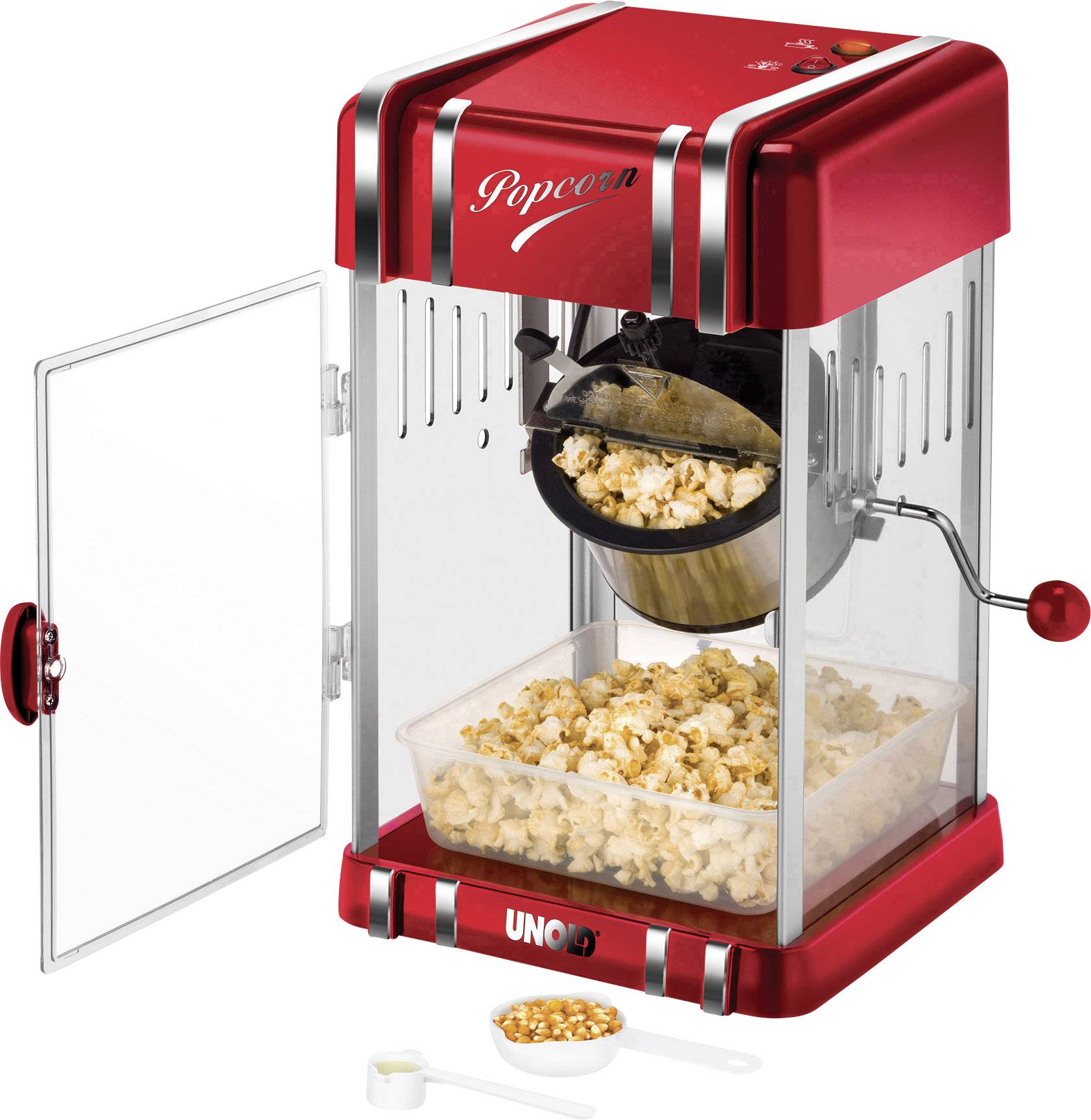 Rote Popcornmaschine mit offener Tür und gefülltem Popcornbehälter. Rechts unten Messlöffel mit Maiskörnern.