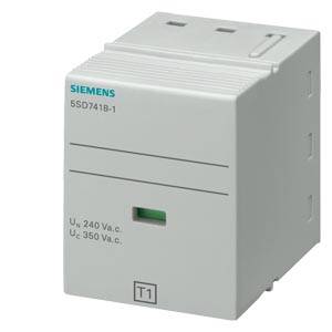 Elektrisches Gerät, beschriftet mit 'Siemens 5SD7418-1'. Geeignet für 240 Va.c. und 350 Va.c. Anwendungen. Steckmodultyp T1.